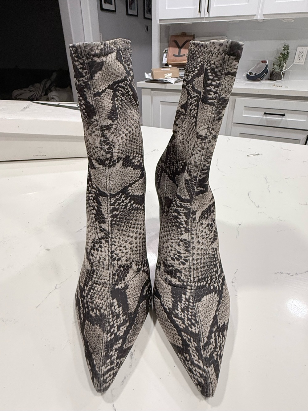 Black Suede Snake-Print Pointed Toe Sock Boots - Black/Gray